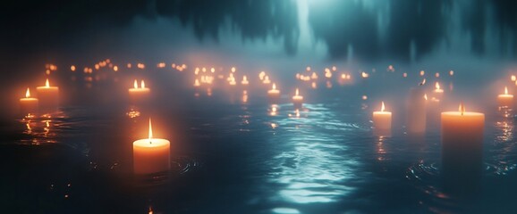 Aufkleber - A serene scene of floating candles illuminating a misty water surface.