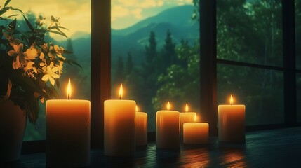 Aufkleber - A serene scene with lit candles beside a window overlooking mountains.