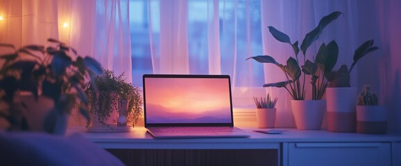 Poster - A serene workspace with a laptop and plants, illuminated by soft evening light.