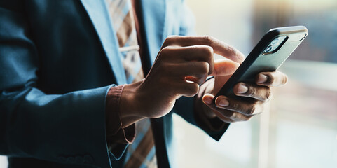 Poster - Businessman, smartphone and hands for scroll as network, connection and communication in office. Male person, mobile technology and contact for online, email and internet as investment banker in firm