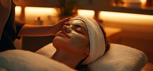 Poster - A woman receiving a facial treatment in a serene spa environment.