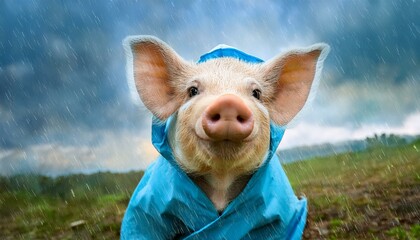 Autumn rainy raining rain weather background texture - Closeup of cute sweet pig with raincoat