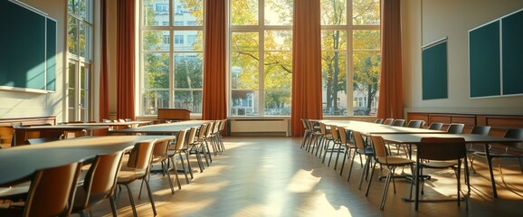 Poster - Bright classroom with large windows and wooden furniture.