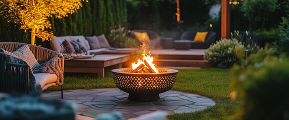 Aufkleber - Cozy outdoor space with a fire pit, seating, and lush greenery.