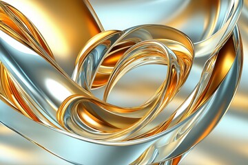Aufkleber - A 3D abstract background of swirling metallic ribbons in gold and silver tone