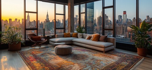 Poster - Modern living room with large windows showcasing a city skyline at sunset.