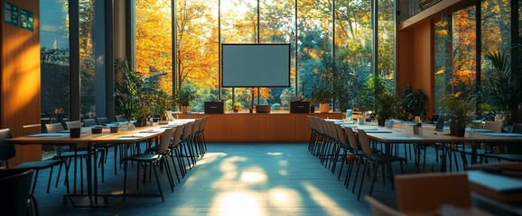 Poster - Modern conference room with large windows and autumn scenery outside.