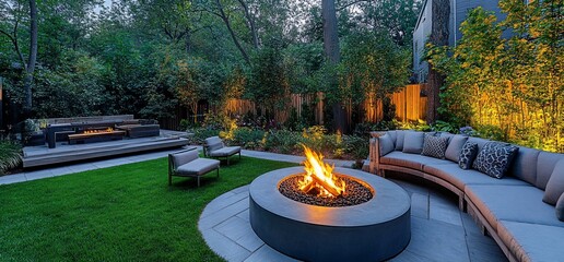 Poster - Cozy outdoor space with a fire pit, seating, and lush greenery.
