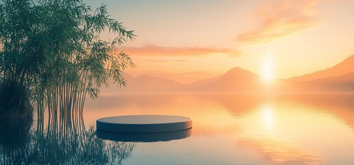Poster - Serene lake at sunrise with bamboo and a circular platform.