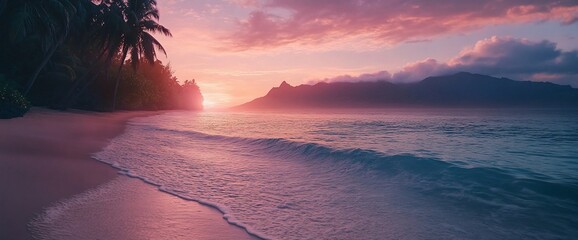 Aufkleber - Serene beach landscape at sunset with palm trees and gentle waves.