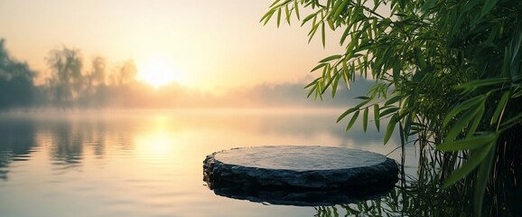 Poster - Serene sunrise over a calm lake with bamboo and a stone platform.