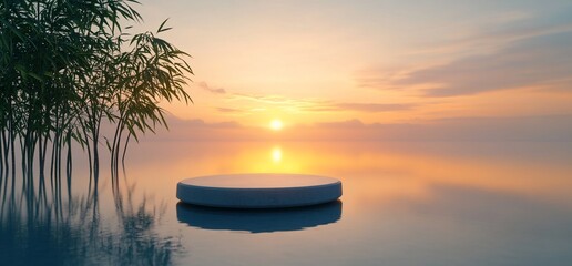 Aufkleber - Serene sunset over calm water with a circular platform and bamboo.