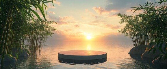 Poster - Serene sunset over calm waters with a circular platform and bamboo.
