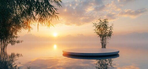 Poster - Serene sunset over a calm lake with a circular platform and plants.