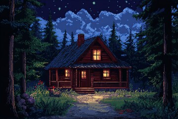 Poster - A digital pixel art scene of a peaceful forest cabin under a starry sky