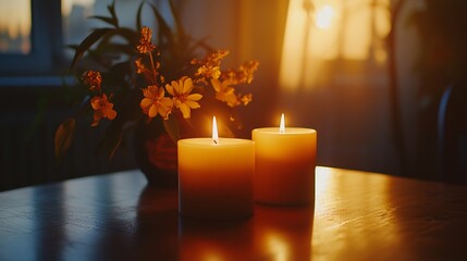 Aufkleber - Two lit candles beside a vase of flowers, creating a warm ambiance.