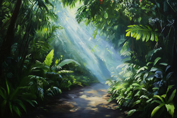 Wall Mural - A foggy morning in a lush rainforest with sunlight breaking through the mist