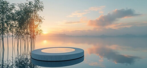 Poster - Tranquil landscape with a circular platform reflecting a serene sunset.