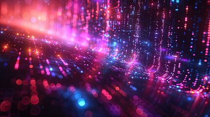 Wall Mural - Vibrant purple and pink digital light grid with glowing particles, creating a futuristic abstract ambiance.