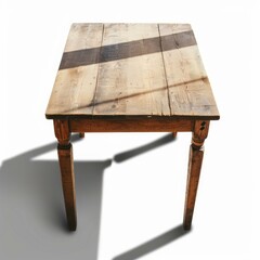 Poster - Rustic wooden table with light casting shadows, isolated on a white background, ideal for interior design or furniture concepts