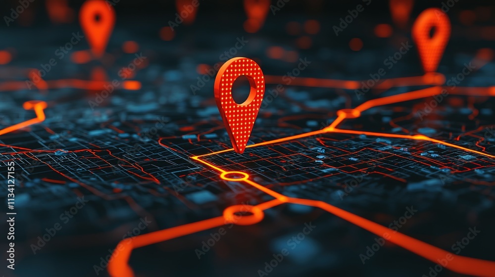 A digital map displaying illuminated red location pins connected by ...