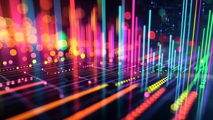 Poster - A vibrant backdrop featuring colorful lights and intersecting lines creating an energetic visual display, A volumetric graph showcasing different trading volumes