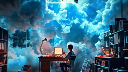 Poster - A person sitting at a desk in front of a computer, working amongst thick clouds of smoke, A whimsical, fantasy video of NAS and cloud storage interacting