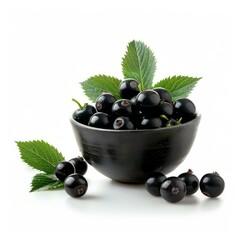 Poster - black currants spilling from a dark bowl, accented by vibrant green leaves, create a striking image 
