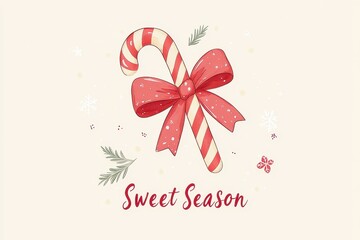 Wall Mural - Sweet season greeting card design featuring a candy cane with a red bow and festive elements