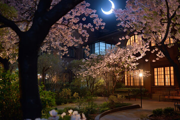Poster - A mystical scene of cherry blossom trees in full bloom at night with a glowing crescent moon