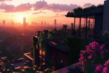 Aufkleber - A rooftop view of a city during golden hour, with a mix of greenery and urban life
