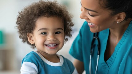 A caring pediatric nurse in scrubs, checking a child's health in a warm and welcoming hospital room.