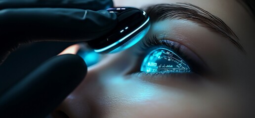 Poster - A close-up of a futuristic eye implant procedure showcasing digital interfaces.