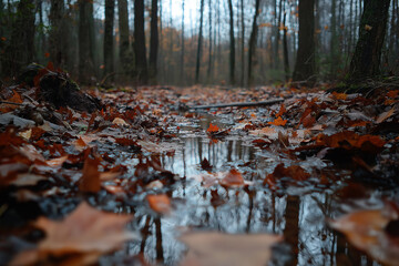 Poster - A serene autumn forest with fallen orange and red leaves carpeting the ground
