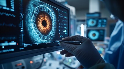 Poster - A close-up of an eye graphic displayed on a monitor in a lab setting.