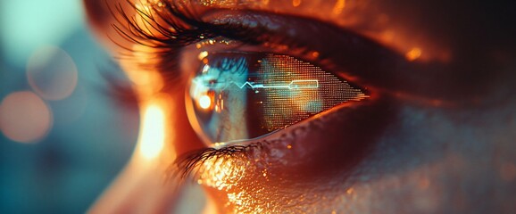 Poster - A close-up of an eye reflecting vibrant lights and abstract shapes.
