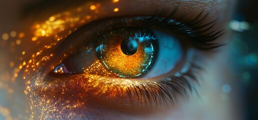 Poster - A close-up of an eye with vibrant, colorful reflections and digital effects.