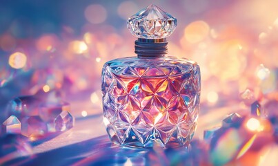 Poster - A crystal perfume bottle surrounded by sparkling gems and colorful light.