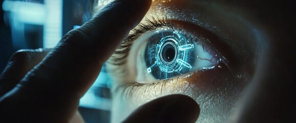 Poster - A futuristic close-up of an eye with digital elements and technology.