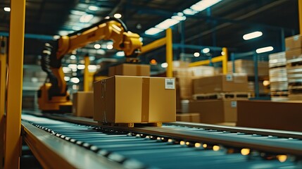 Poster - Efficient Automated Warehouse Operations Showcasing Robotic Arm Handling Cargo on Conveyor Belt in Modern Shipping and Logistics Facility
