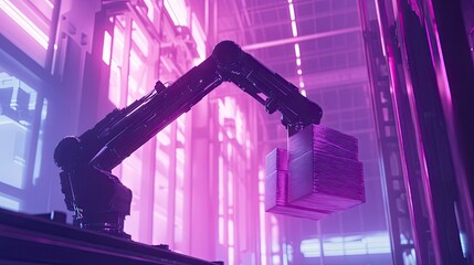 Poster - Robotic Arm Lifting Stacks of Paper in a High-Tech, Neon-Lit Warehouse Environment, Showcasing Automation and Advanced Technology in Industry