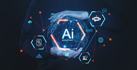 Fototapete - AI assistant interface with holographic elements and futuristic icons on a dark background.
