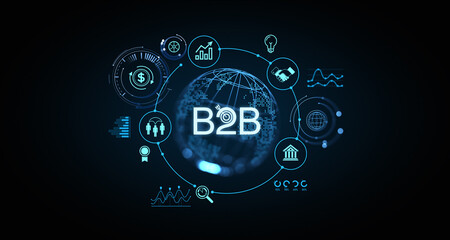 Poster - Business-to-Business B2B Digital Concept with Data and Technology Icons on Dark Background. 3D Rendering