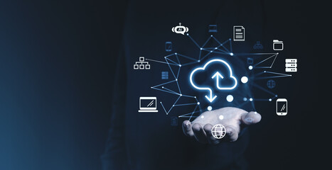 Poster - Cloud computing concept with icons of data storage, network, and technology on a dark background.
