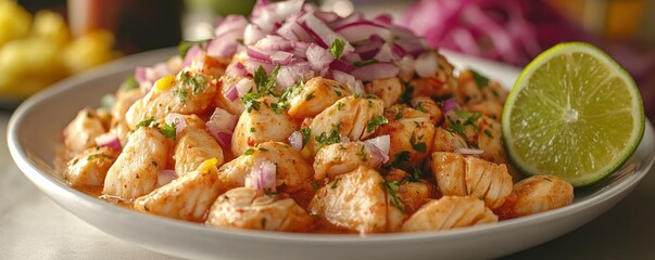 Sticker - A plate of marinated fish garnished with onions and lime, ready to be served.