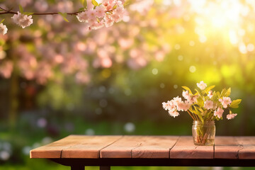 Wall Mural - Table background of free space and spring time in garden, best for product display Empty wood table counter on copy space blur garden background.
