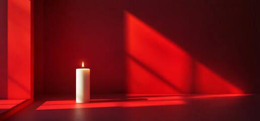 Aufkleber - A lit candle casts warm light in a minimalistic red interior space.
