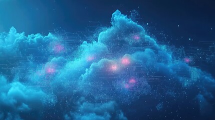 Poster - Vibrant Digital Cloudscape with Abstract Data Connections and Bright Colors Set Against a Starry Sky in a Futuristic Tech Concept