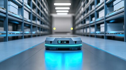 Poster - Advanced Autonomous Robot Moving Seamlessly Through High-Tech Warehouse Aisle with LED Lights, Optimizing Inventory Management and Logistics Operations