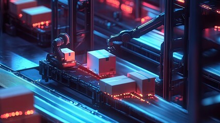 Poster - Advanced Robotics in Automated Warehouse with Boxes Moving on Conveyor Belt, Highlighting AI Technology and Modern Logistics Solutions